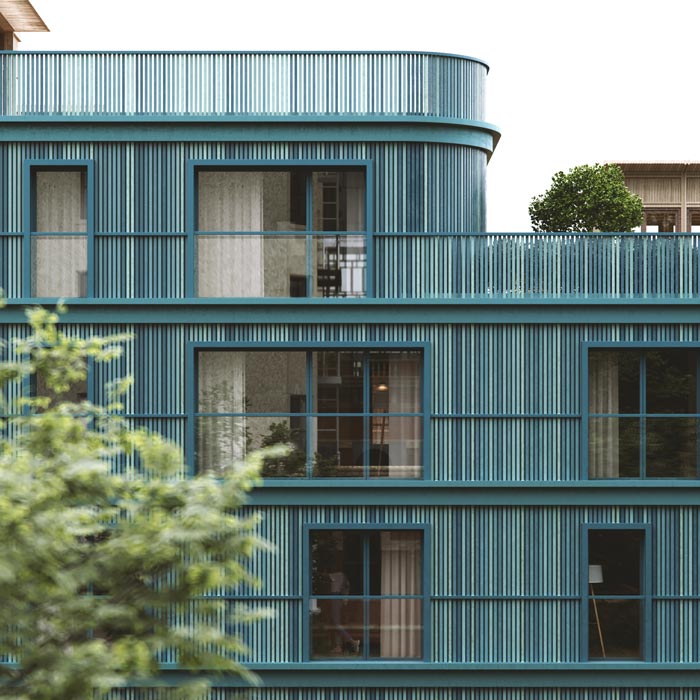 Franska balkonger, sociala takterrasser och entrébalkonger med sittbänkar skapar en mångfald av privata samt publika uteplatser.