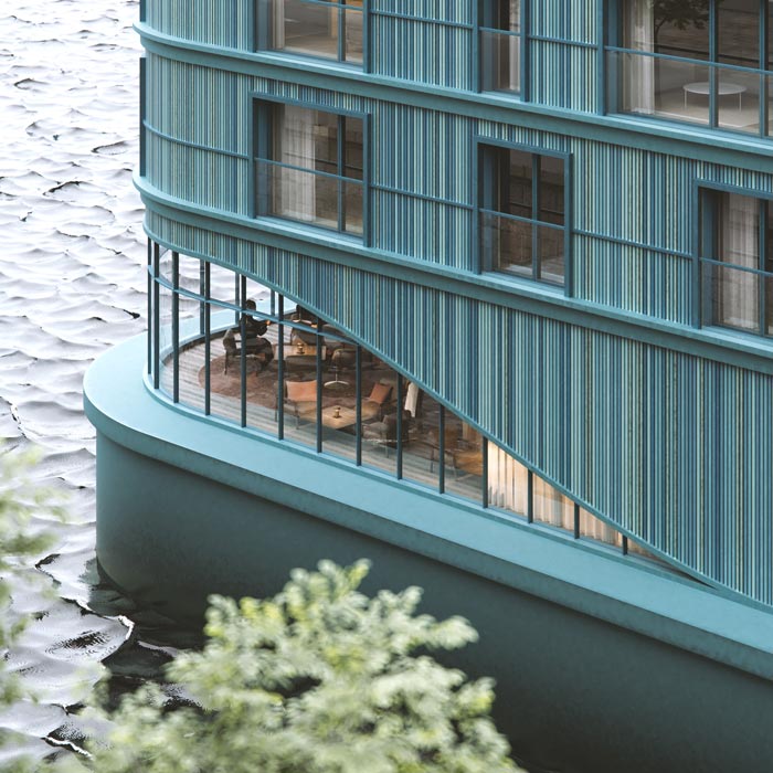 Arkens rundade, fartygsinspirerade glasparti öppnar upp sig mot vattnet och synliggör dess publika funktion för omgivningen. 