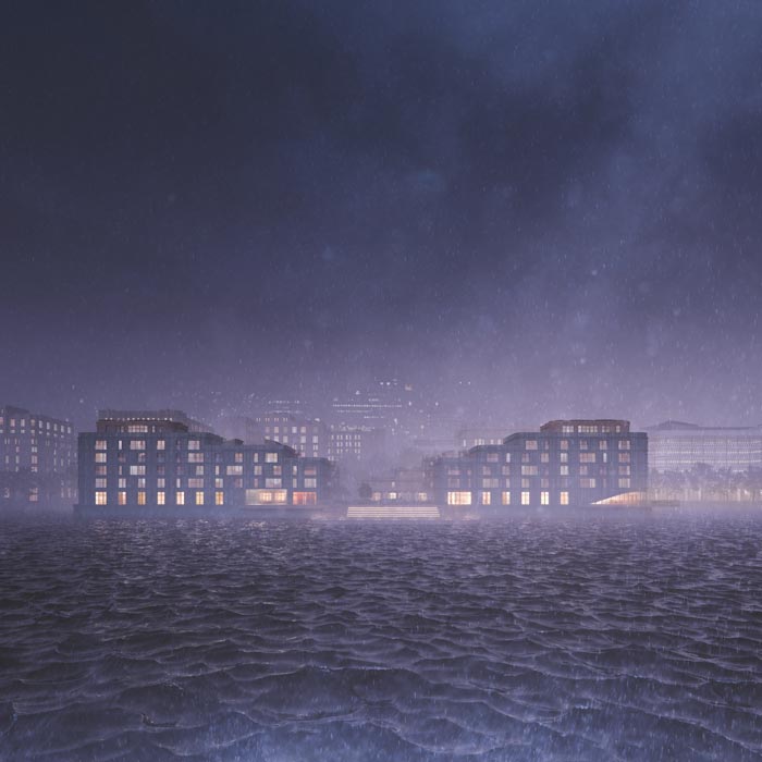 Vy från vattnet över det glödande entrédäcket med bl.a. publik bastu, havspool, restaurang, co-workingytor samt kajakuthyrning.