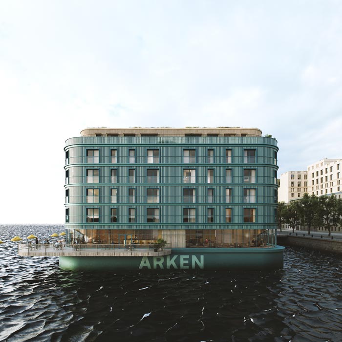 Arkens akter med restaurang, uteservering samt utställningsytor/lounge som blir ett förlängt vardagsrum för boende i närheten.