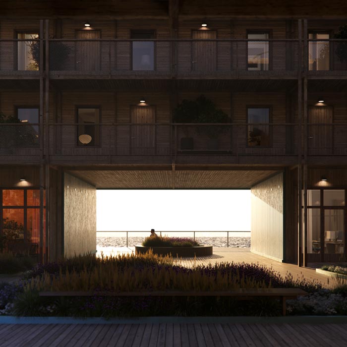 På utkiksplatsen intill bastun kan man trä på sig badrocken för att svalka sig i solnedgången och blicka ut över vattnet.